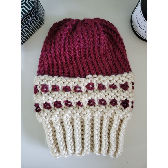 Two-Tone Waffle-Base Knit Beanie - Burgundy/Cream (Handmade) - Picture 7 of 11